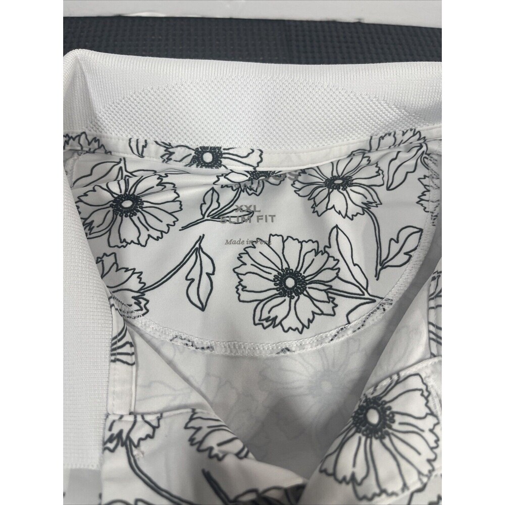 Mens XXL Slim Fit Floral Print Short Sleeve Polo Shirt White Black - Picture 5 of 7